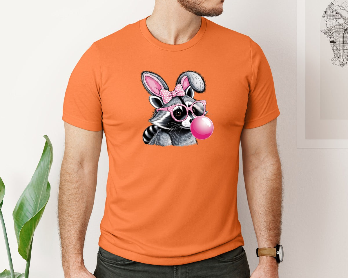 brand:Bella Canvas|color:Burnt Orange|Cute Raccoon With Glasses Bubble Gum 6 Graphic T-Shirt