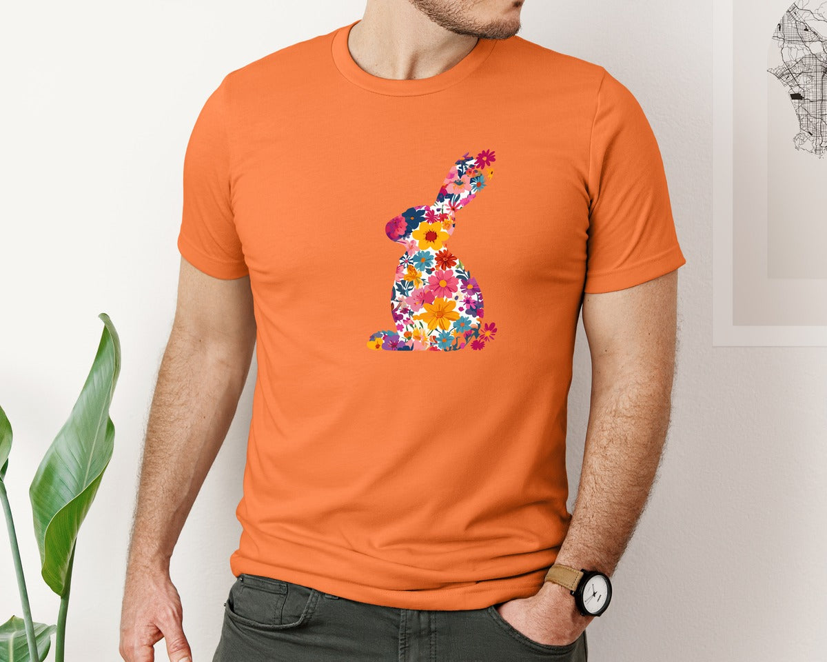 brand:Bella Canvas|color:Burnt Orange|Floral Bunny Easter Rabbit Graphic T-Shirt