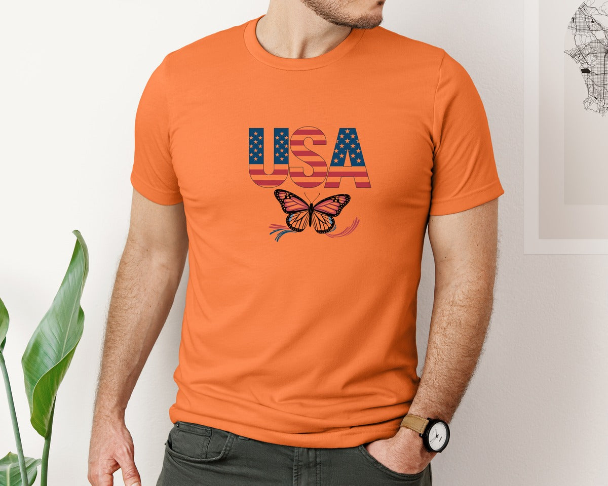 brand:Bella Canvas|color:Burnt Orange|Usa Butterfly Patriotic Graphic T-Shirt
