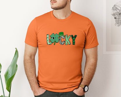 brand:Bella Canvas|color:Burnt Orange|Lucky Patchwork Clover Graphic T-Shirt