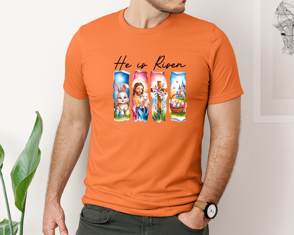 brand:Bella Canvas|color:Burnt Orange|He Is Risen Easter Jesus Christian Graphic T-Shirt