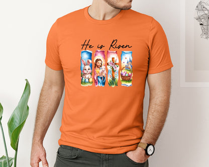 brand:Bella Canvas|color:Burnt Orange|He Is Risen Easter Jesus Christian Graphic T-Shirt