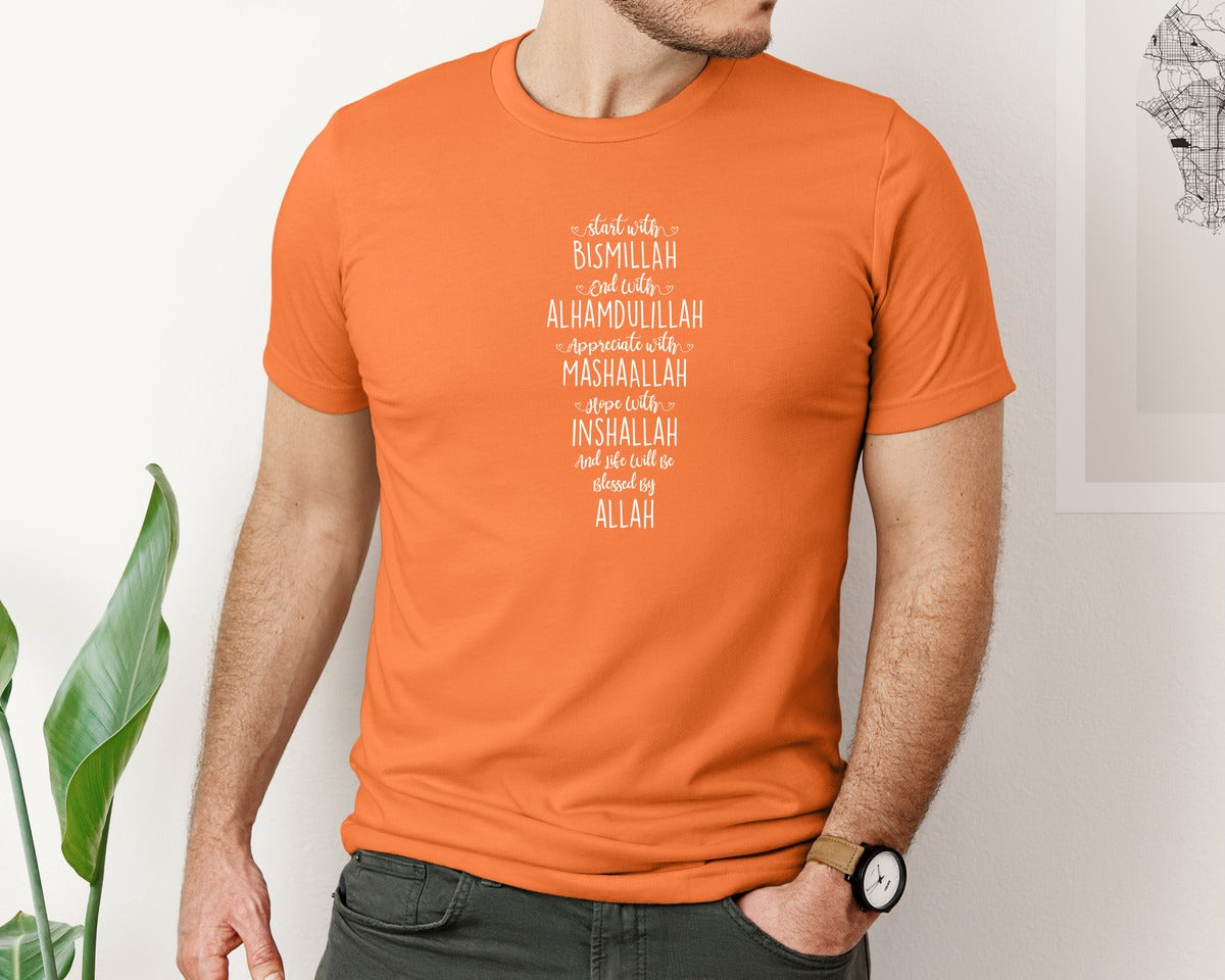 brand:Bella Canvas|color:Burnt Orange|Start With Bismillah End With Alhamduli 2 Graphic T-Shirt