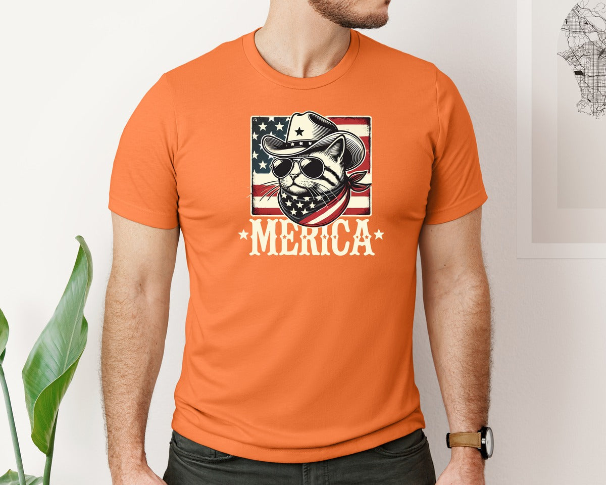 brand:Bella Canvas|color:Burnt Orange|Merica Cat Patriotic Cowboy Cat Graphic T-Shirt