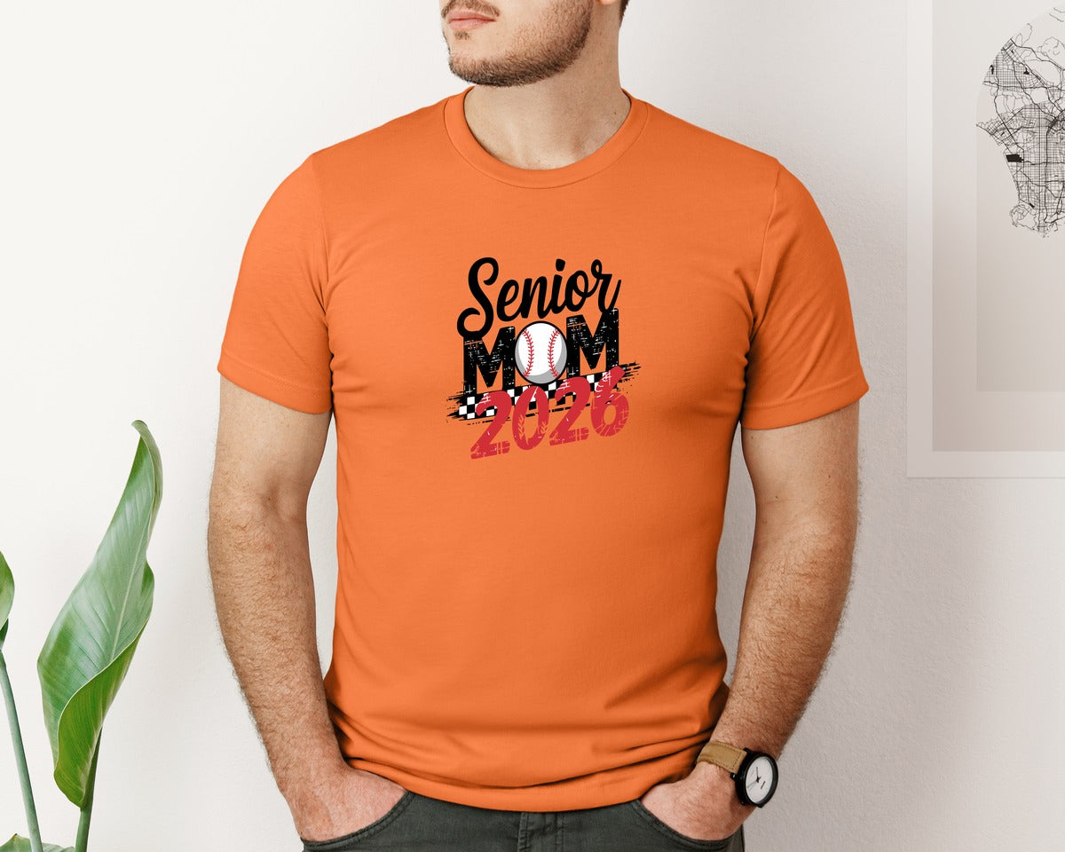 brand:Bella Canvas|color:Burnt Orange|Senior Baseball Mom 2026 Checkered Graphic T-Shirt