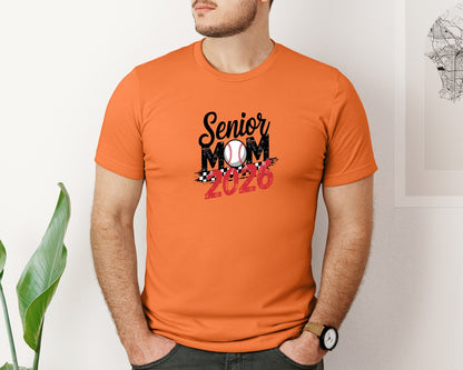 brand:Bella Canvas|color:Burnt Orange|Senior Baseball Mom 2026 Checkered Graphic T-Shirt