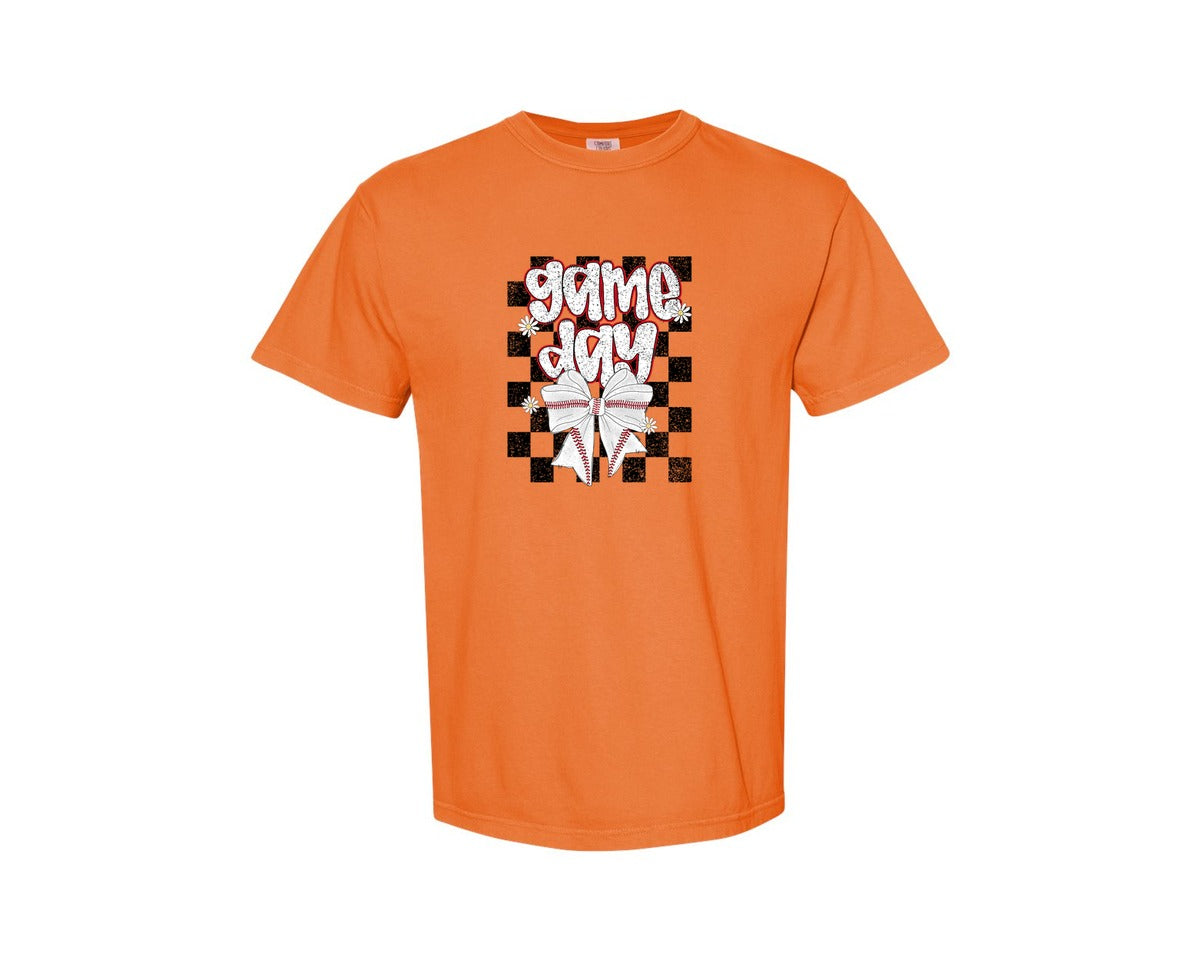 brand:Comfort Colors|color:Burnt Orange|Checkered Baseball Game Day Graphic T-Shirt