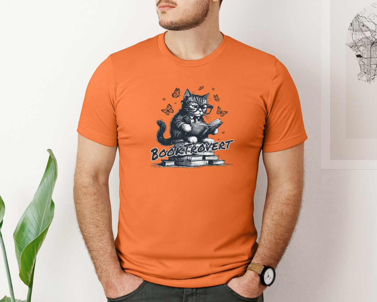 brand:Bella Canvas|color:Burnt Orange|Book Trovert Reading Cat Shirt Graphic T-Shirt