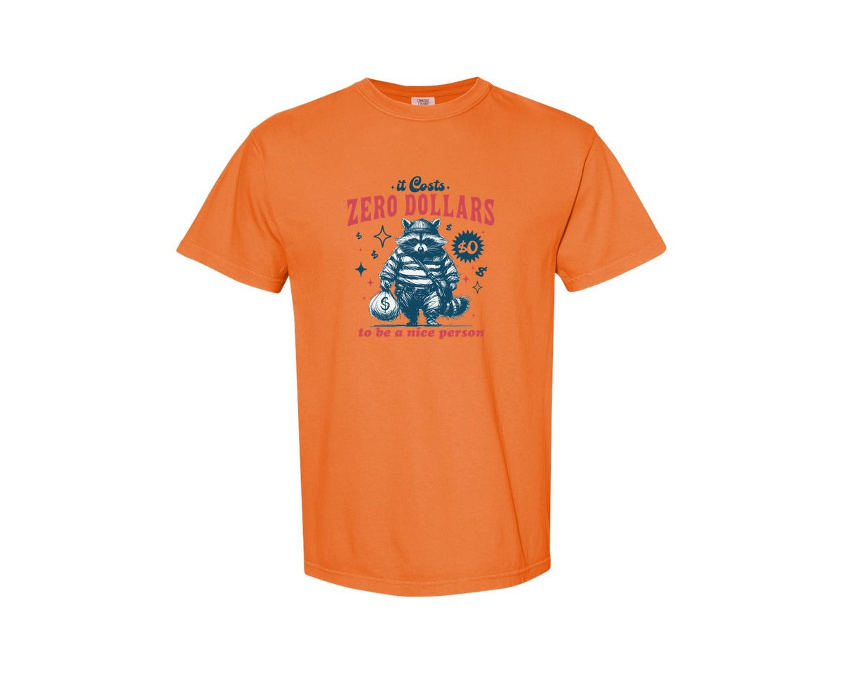 brand:Comfort Colors|color:Burnt Orange|Zero Dollars Be A Nice Person Raccoon Graphic T-Shirt
