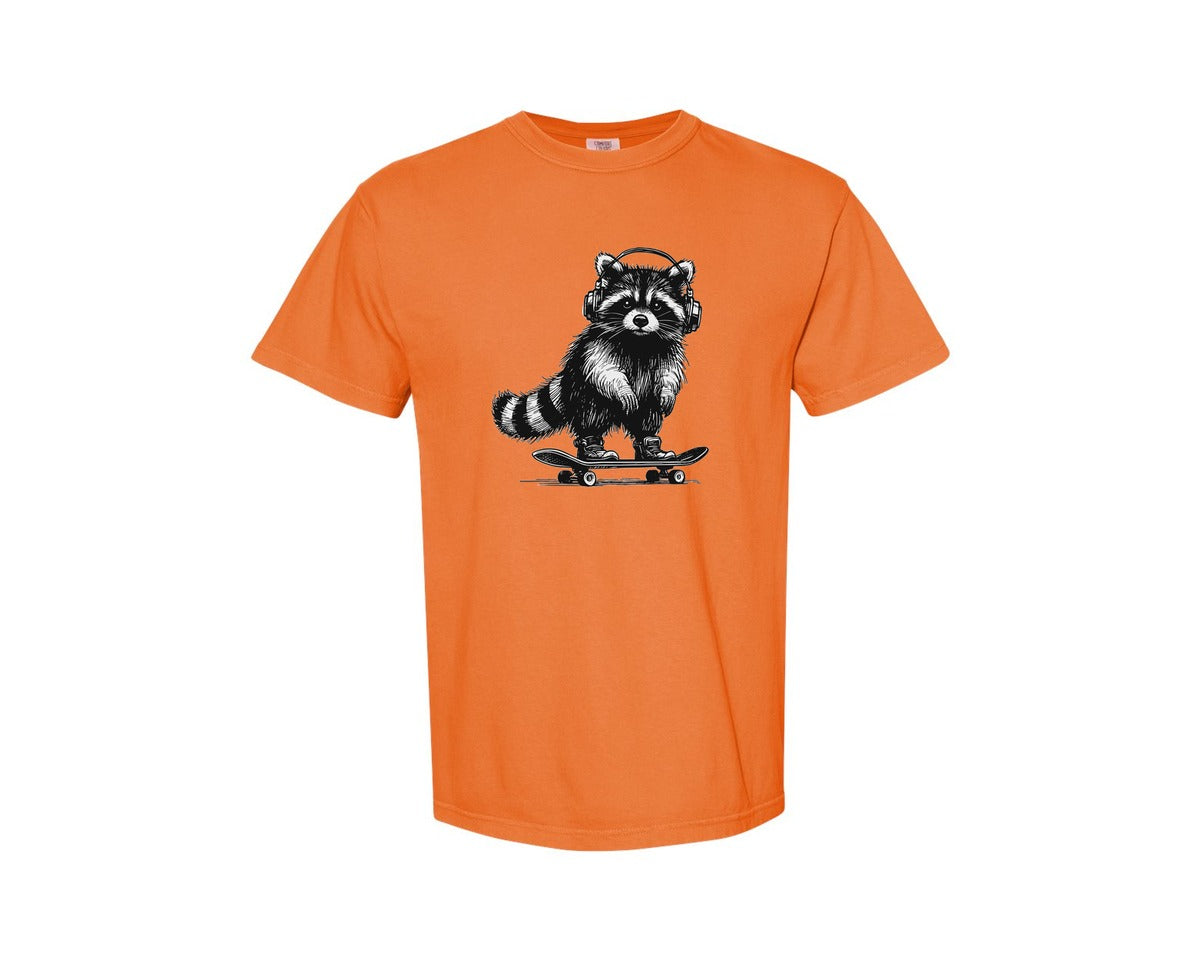 brand:Comfort Colors|color:Burnt Orange|Raccoon Playing Skateboard Shirt Graphic T-Shirt