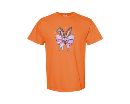 brand:Comfort Colors|color:Burnt Orange|Leopard Bunny Ears Pink Blue Bow Graphic T-Shirt