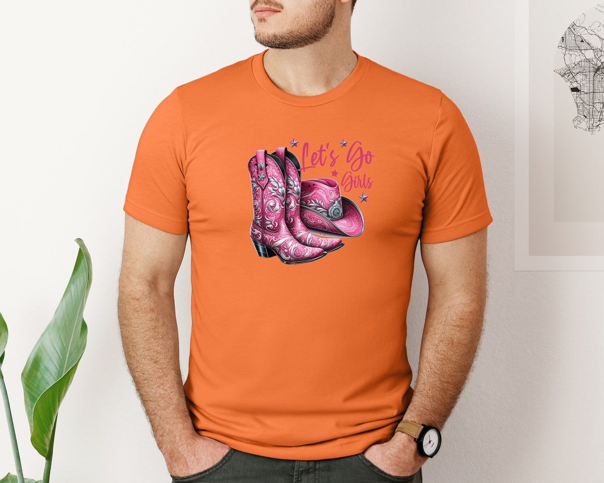 brand:Bella Canvas|color:Burnt Orange|Lets Go Girls Cowgirl Boots 2 Graphic T-Shirt