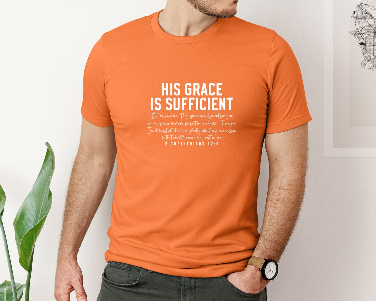 brand:Bella Canvas|color:Burnt Orange|His Grace Is Sufficient 2 Corinthian Graphic T-Shirt