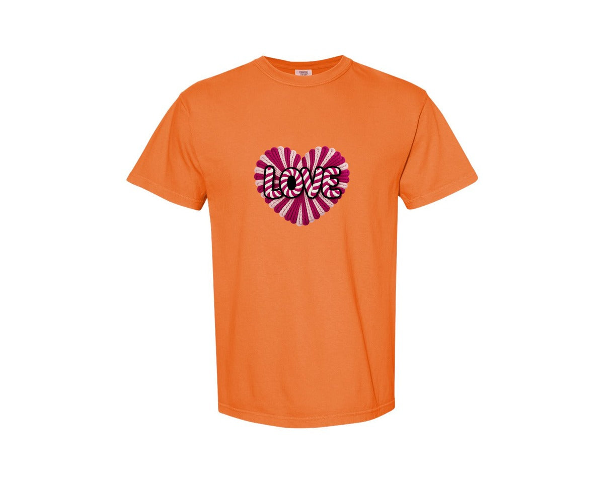 brand:Comfort Colors|color:Burnt Orange|Valentine Faux Yarn Crochet Heart 2 Graphic T-Shirt