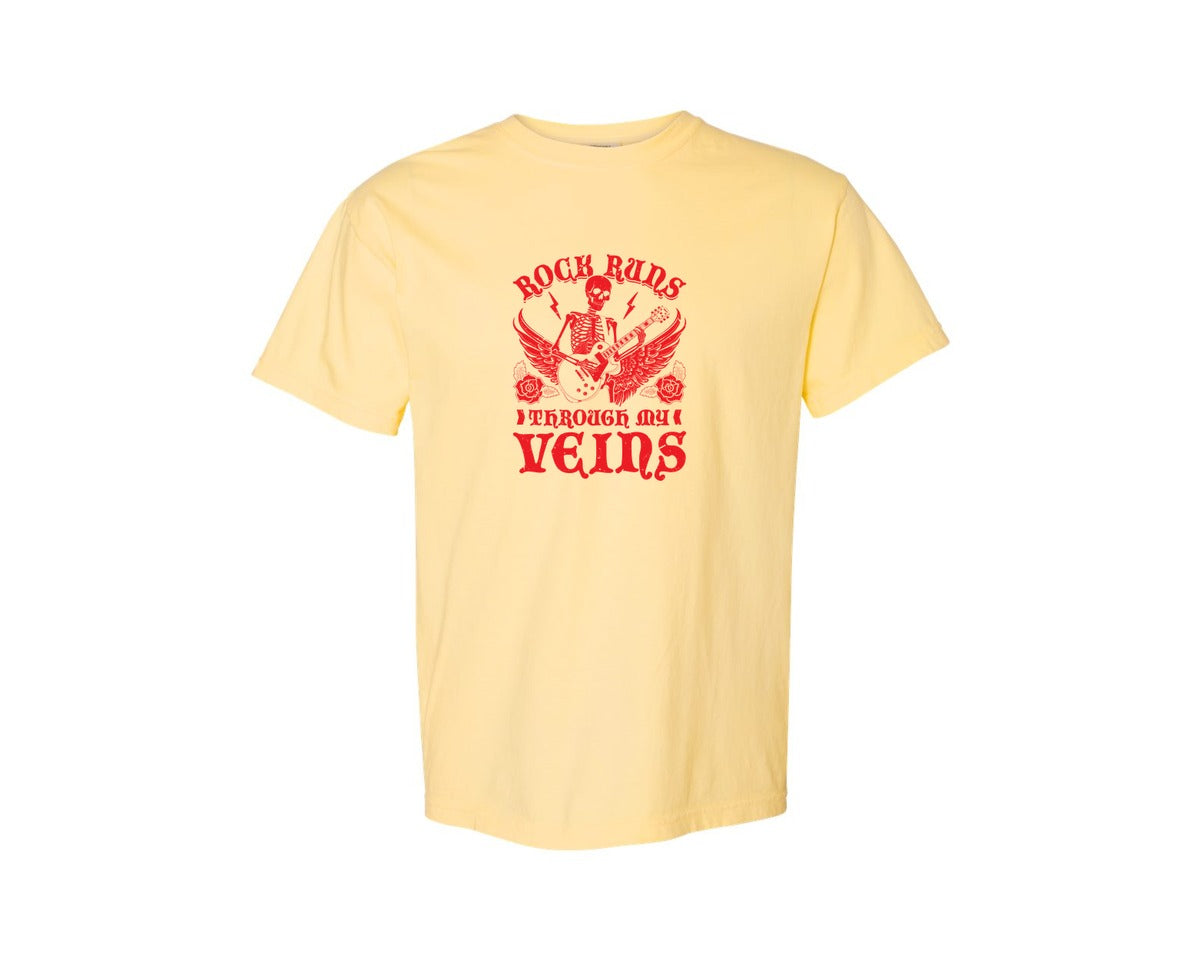 brand:Comfort Colors|color:Butter|Rock Runs Through My Veins Design Graphic T-Shirt