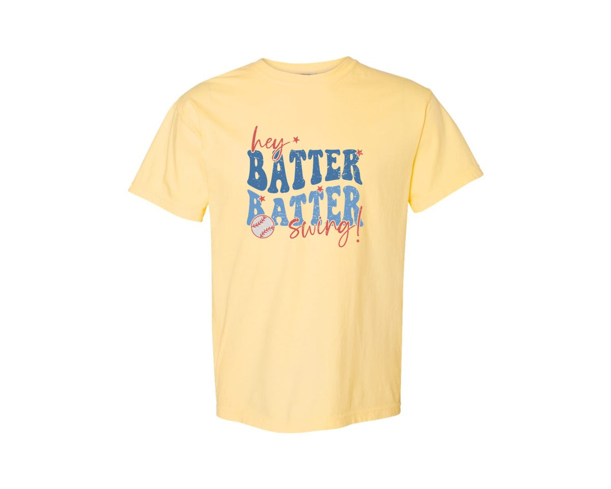 brand:Comfort Colors|color:Butter|Retro Baseball Hey Batter Batter Swing Graphic T-Shirt