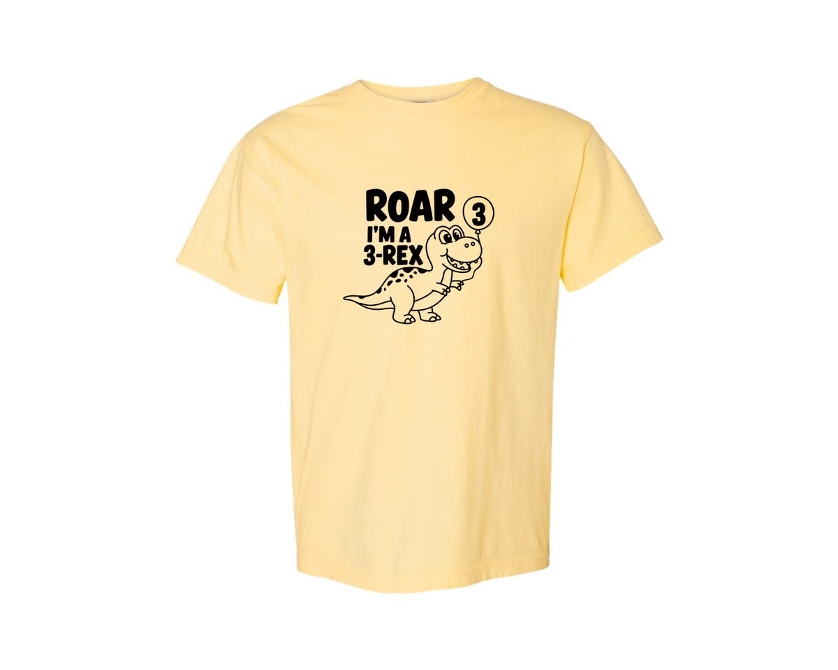 brand:Comfort Colors|color:Butter|3 Rex Dinosaur Birthday Graphic T-Shirt