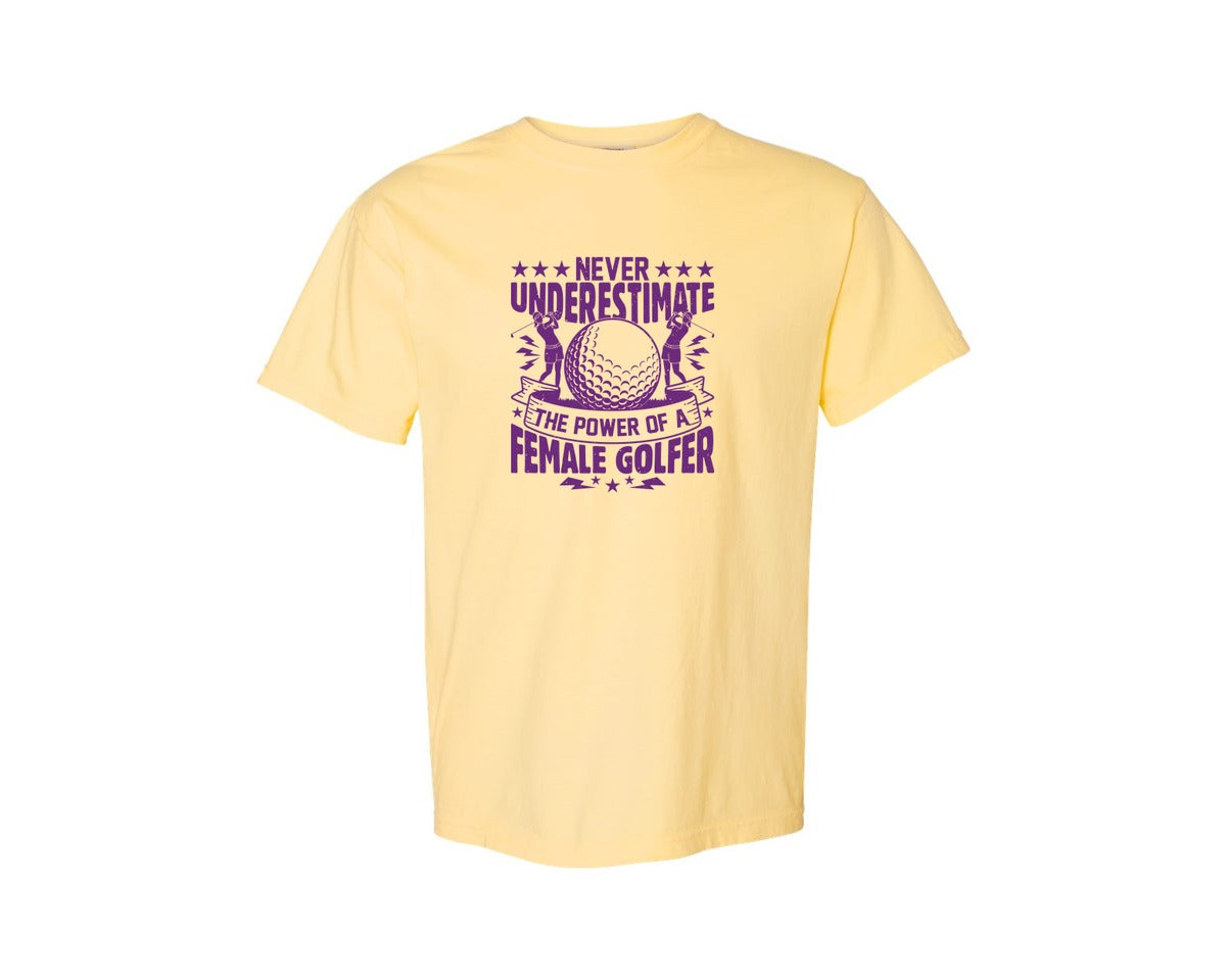 brand:Comfort Colors|color:Butter|Female Golfer Golf Club T Shirt Design Graphic T-Shirt