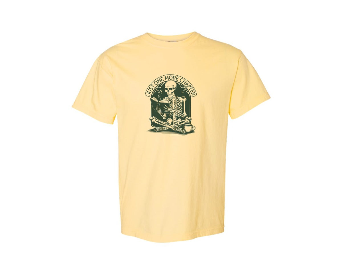 brand:Comfort Colors|color:Butter|Just One More Chapter Skeleton Coffee 2 Graphic T-Shirt