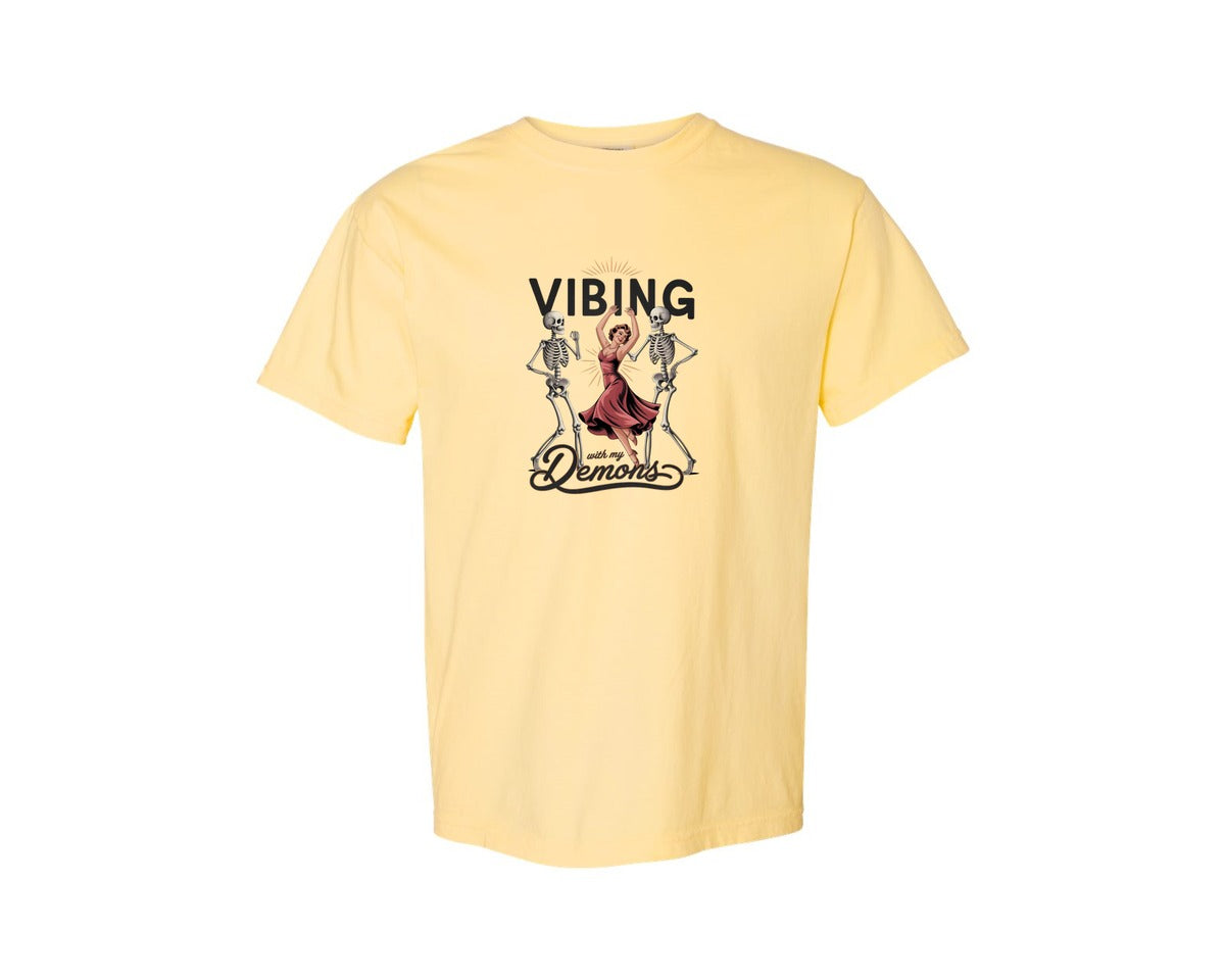 brand:Comfort Colors|color:Butter|Vibing With My Demons Retro Gothic 2 Graphic T-Shirt