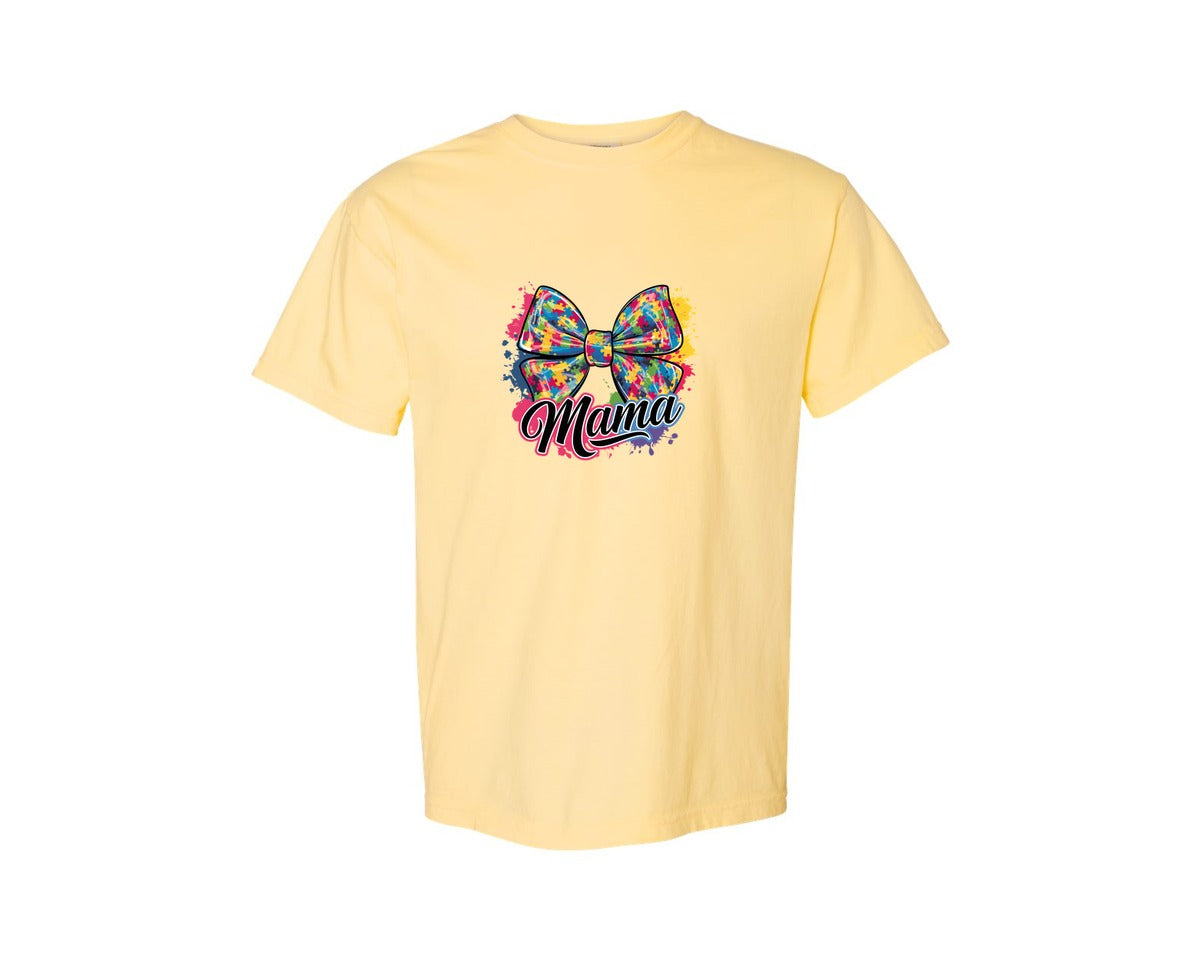 brand:Comfort Colors|color:Butter|Autism Mama Colorful Puzzle Bow Art Graphic T-Shirt