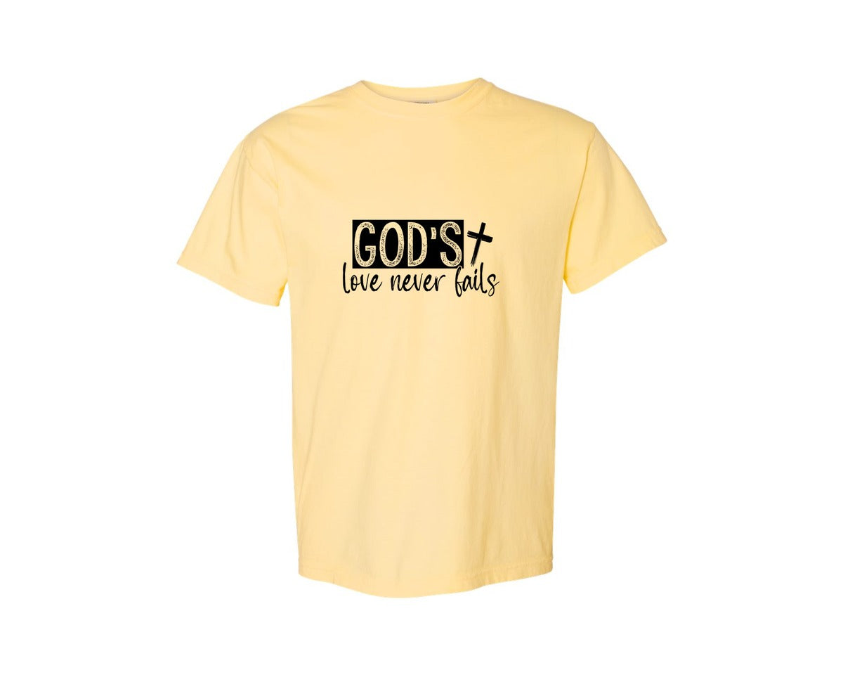 brand:Comfort Colors|color:Butter|Gods Love Never Fails Sleeve Design 2 Graphic T-Shirt