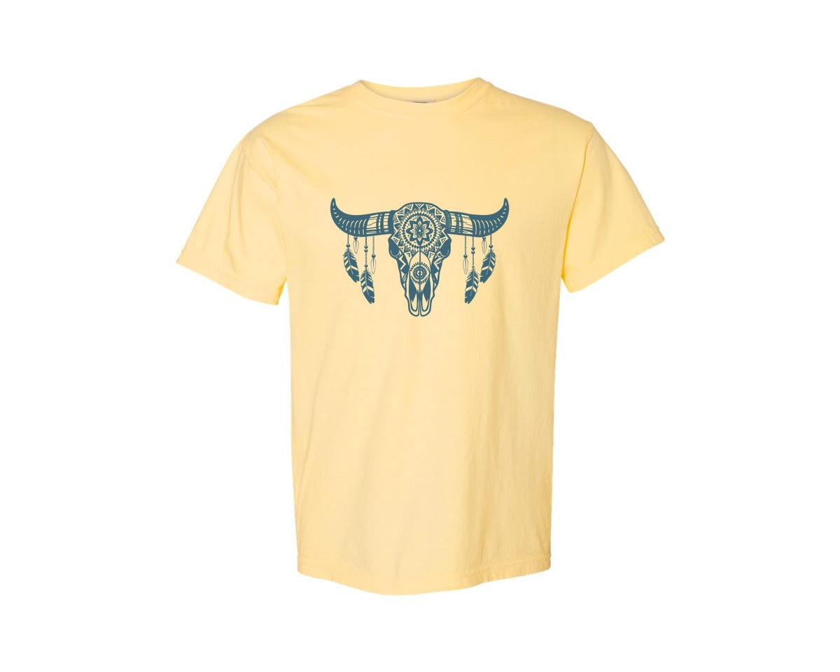 brand:Comfort Colors|color:Butter|Western Bull Skull Aztec Boho Longhorn Graphic T-Shirt