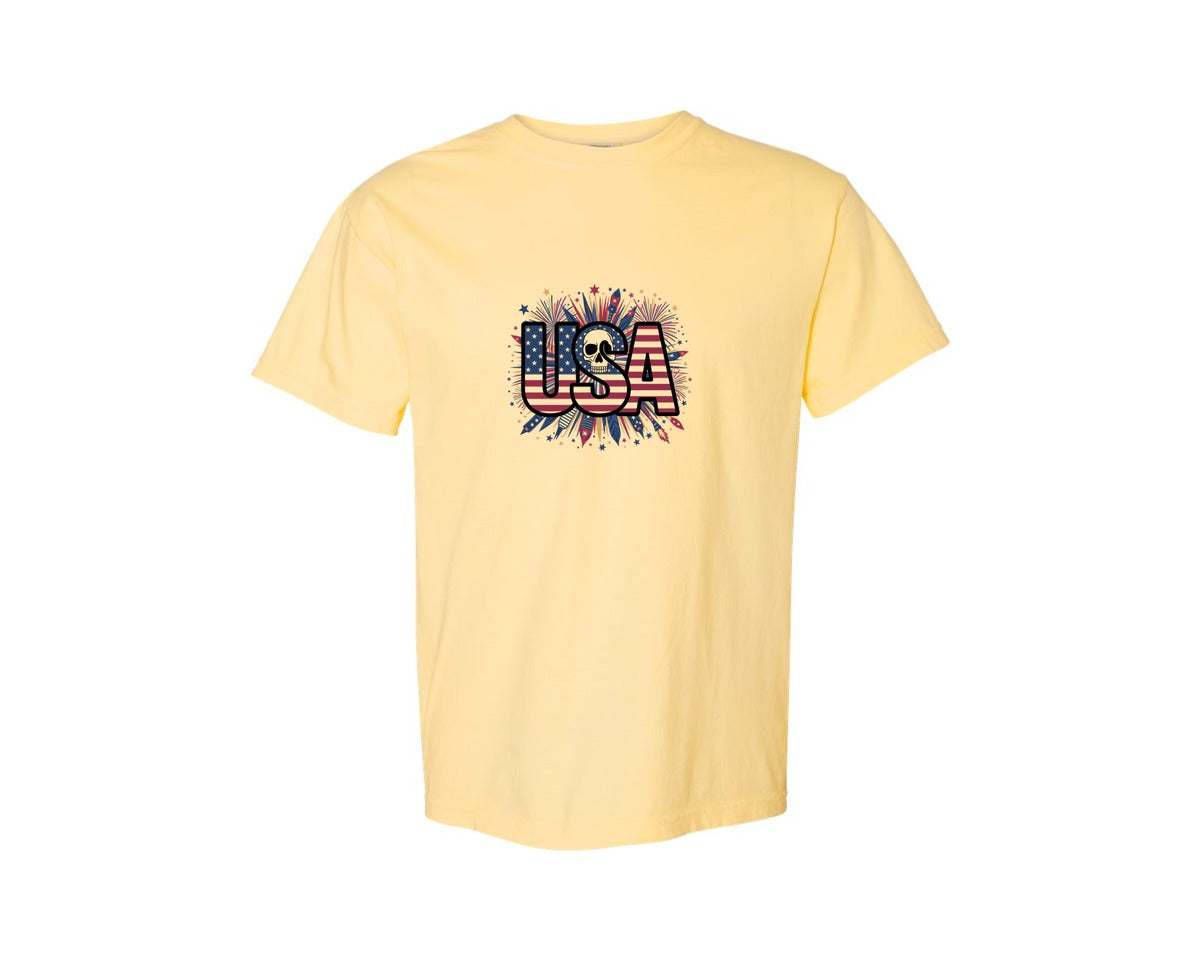 brand:Comfort Colors|color:Butter|Usa Skull Fireworks 4Th Of July T Shirt 2 Graphic T-Shirt