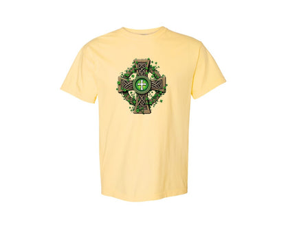 brand:Comfort Colors|color:Butter|Celtic Cross With Shamrocks Irish Graphic T-Shirt
