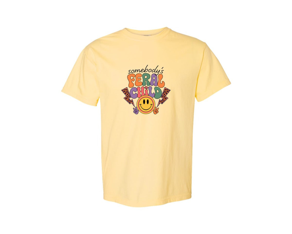 brand:Comfort Colors|color:Butter|Somebodys Feral Child Funny Summer Graphic T-Shirt