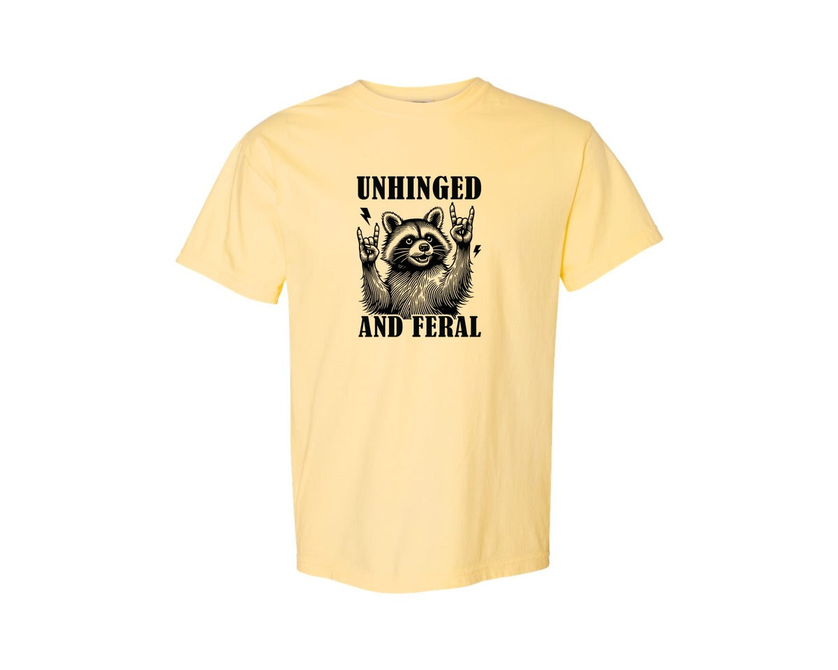 brand:Comfort Colors|color:Butter|Unhinged And Feral Vintage Raccoon Meme Graphic T-Shirt