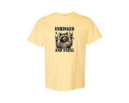 brand:Comfort Colors|color:Butter|Unhinged And Feral Vintage Raccoon Meme Graphic T-Shirt