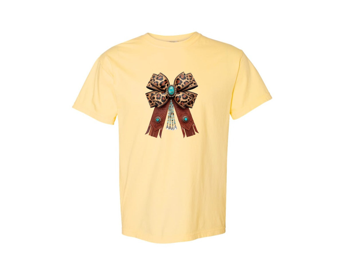 brand:Comfort Colors|color:Butter|Western Leopard Bow Coquette Cowgirl 2 Graphic T-Shirt