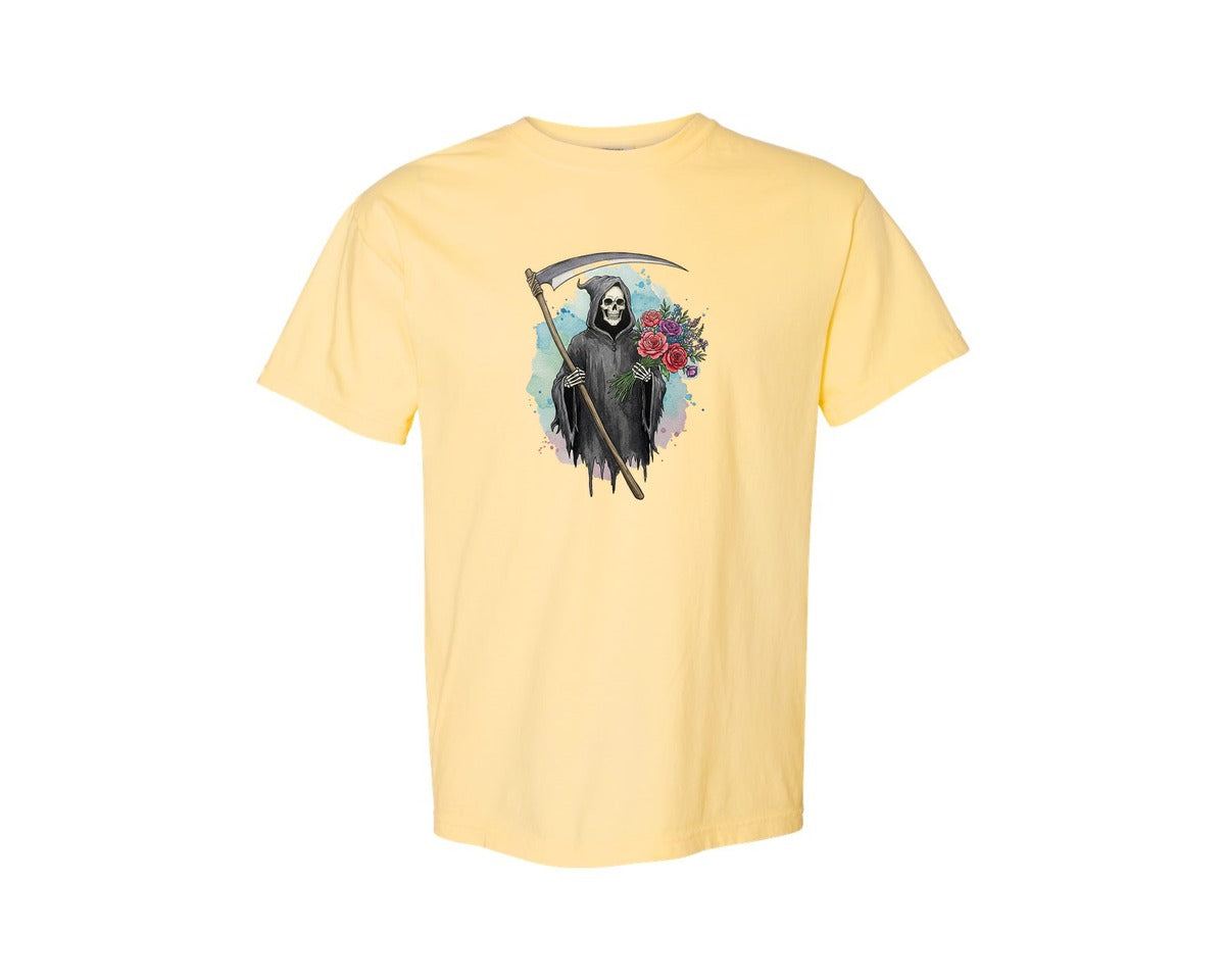 brand:Comfort Colors|color:Butter|Grim Reaper With Flowers Gothic Graphic T-Shirt