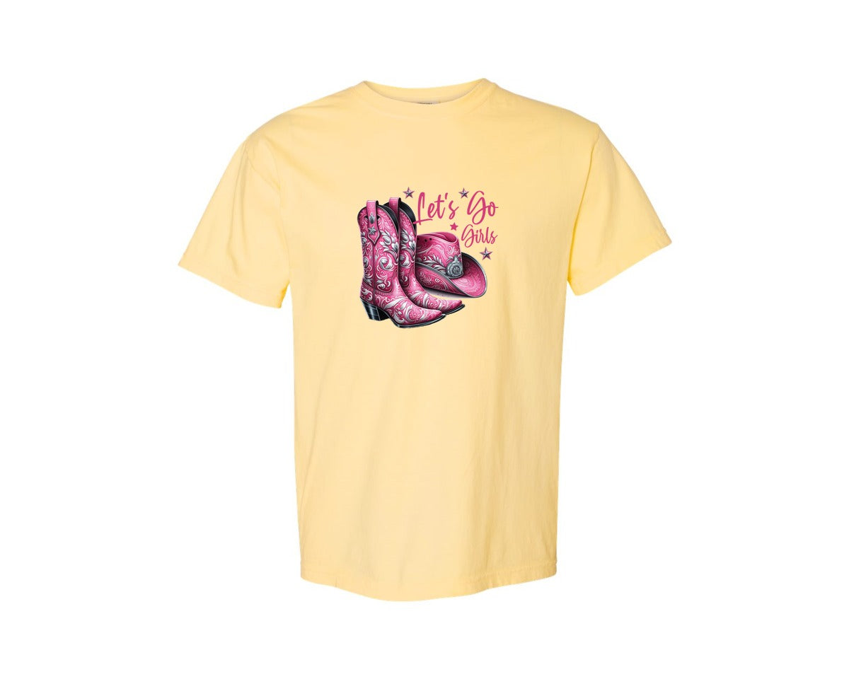 brand:Comfort Colors|color:Butter|Lets Go Girls Cowgirl Boots 2 Graphic T-Shirt