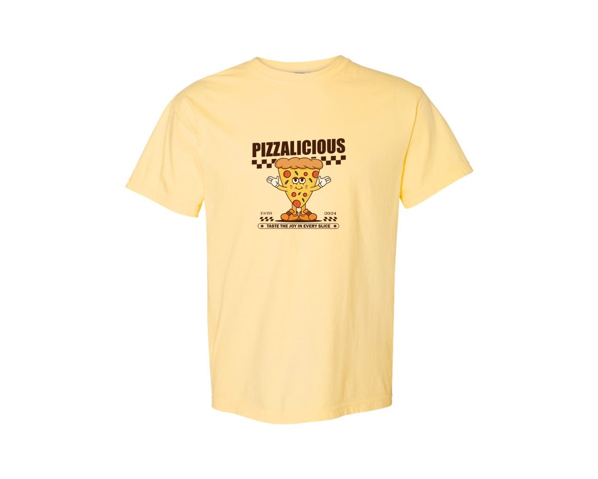 brand:Comfort Colors|color:Butter|Vintage Slice Pizza Cartoon Character Graphic T-Shirt