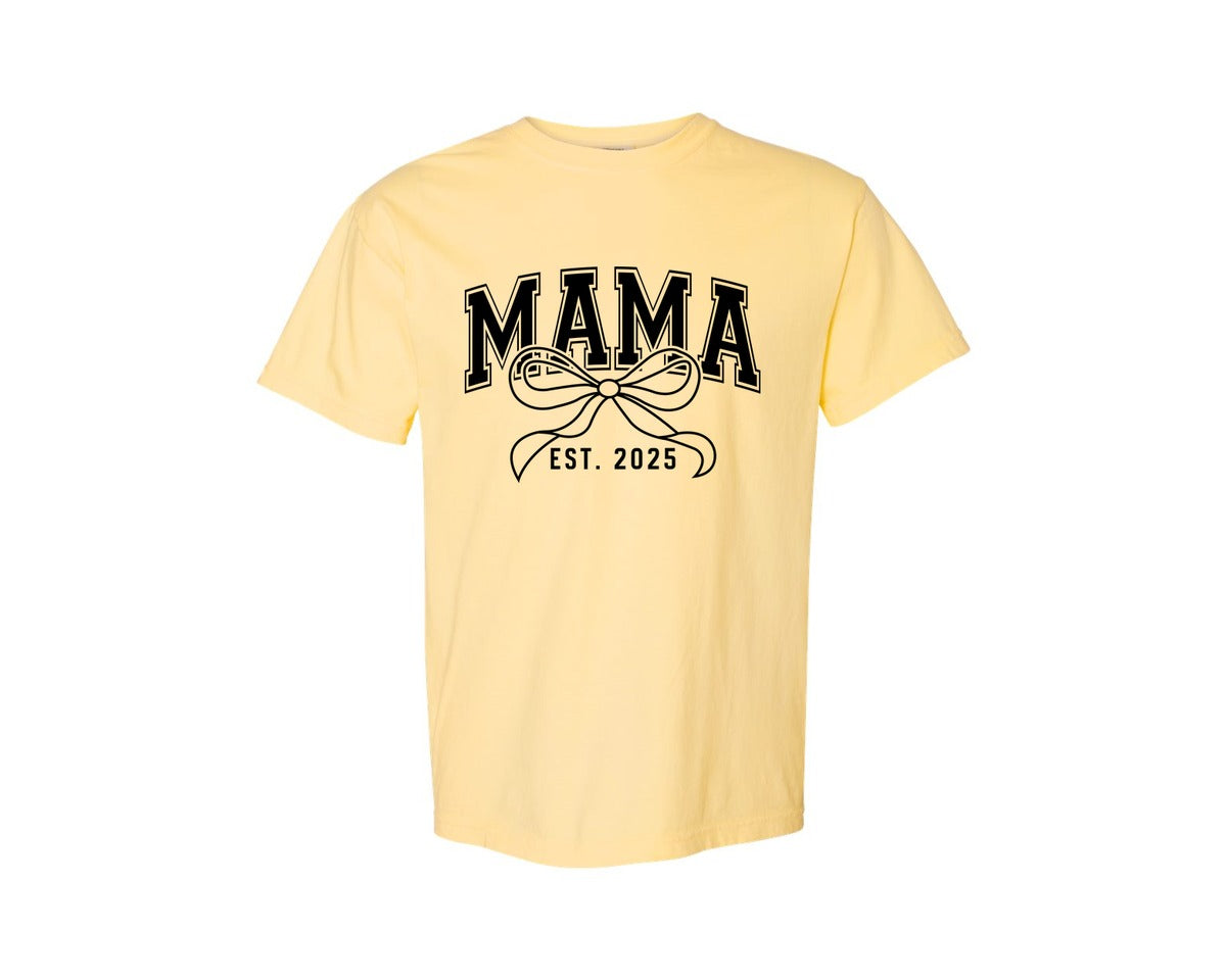 brand:Comfort Colors|color:Butter|Mama Bow Varsity Graphic T-Shirt