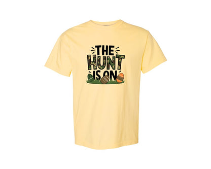 brand:Comfort Colors|color:Butter|The Hunt Is On Camo Easter Egg Camo Graphic T-Shirt