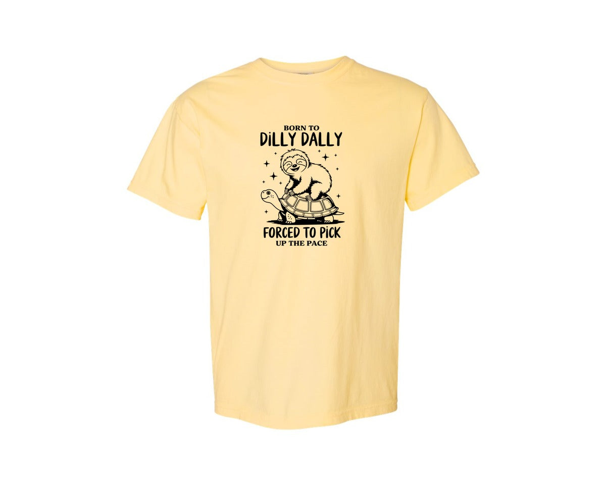 brand:Comfort Colors|color:Butter|Born To Dilly Dally Funny Sloth Graphic T-Shirt