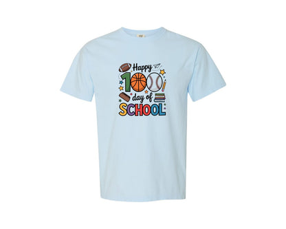 brand:Comfort Colors|color:Chambray|Happy 100 Days Of School Baseball Graphic T-Shirt