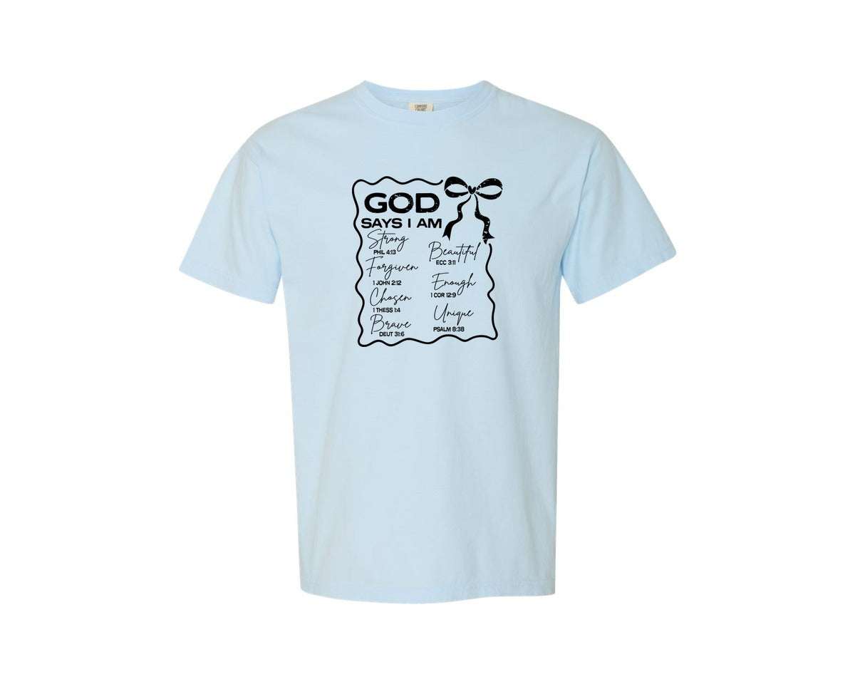 brand:Comfort Colors|color:Chambray|God Says I Am Coquette Christian Graphic T-Shirt