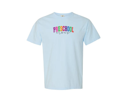 brand:Comfort Colors|color:Chambray|Preschool Vibes Retro Teacher 2 Graphic T-Shirt