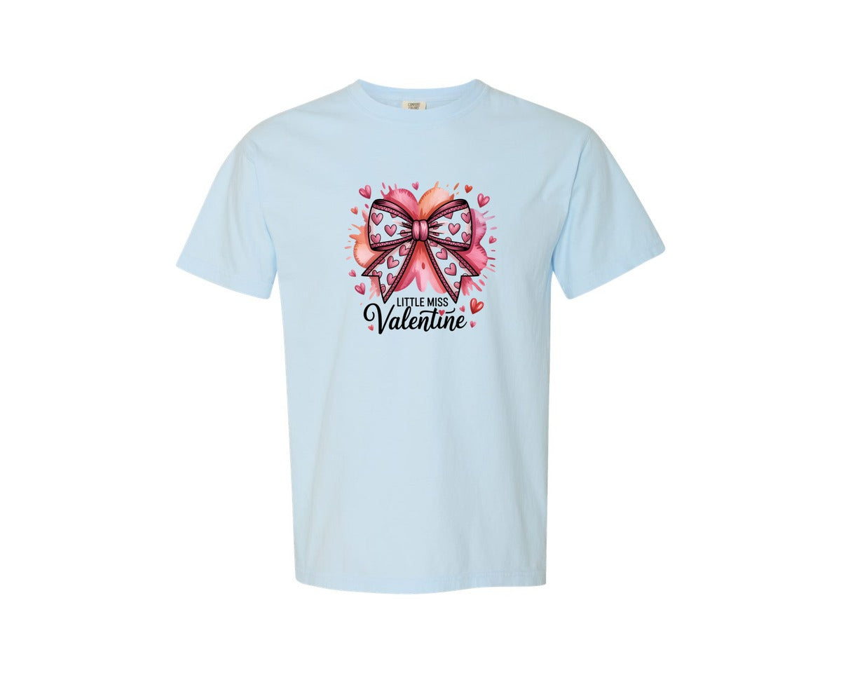 brand:Comfort Colors|color:Chambray|Little Miss Valentine Bow Valentine Graphic T-Shirt