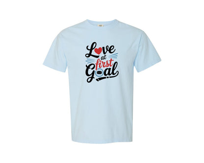 brand:Comfort Colors|color:Chambray|Love At First Goal Ice Hockey Shirt Graphic T-Shirt