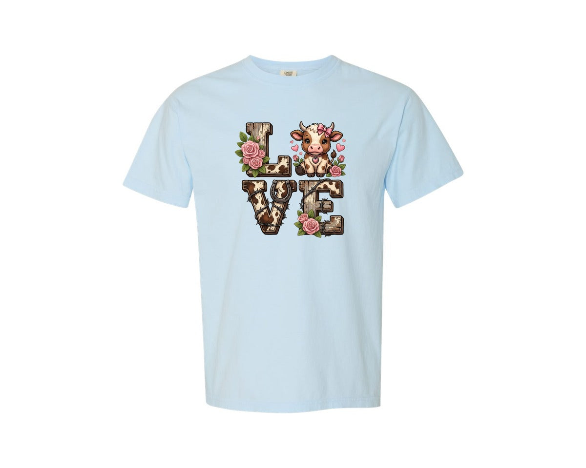 brand:Comfort Colors|color:Chambray|Love Highland Cow Valentine Tshirt Graphic T-Shirt