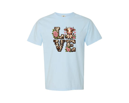 brand:Comfort Colors|color:Chambray|Love Highland Cow Valentine Tshirt Graphic T-Shirt