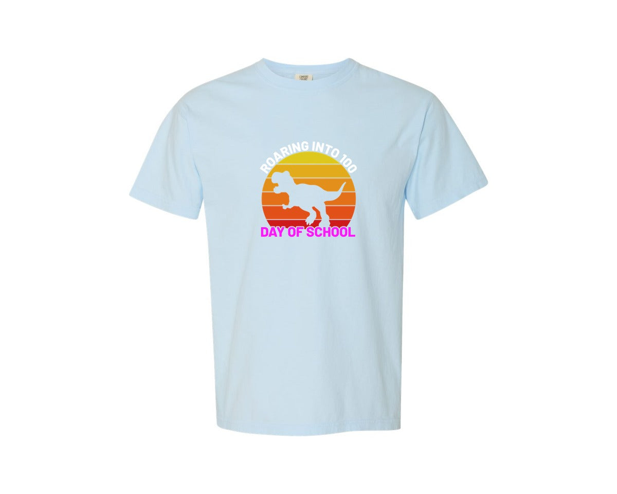brand:Comfort Colors|color:Chambray|Roaring Into 100 Day Of School Shirt 2 Graphic T-Shirt