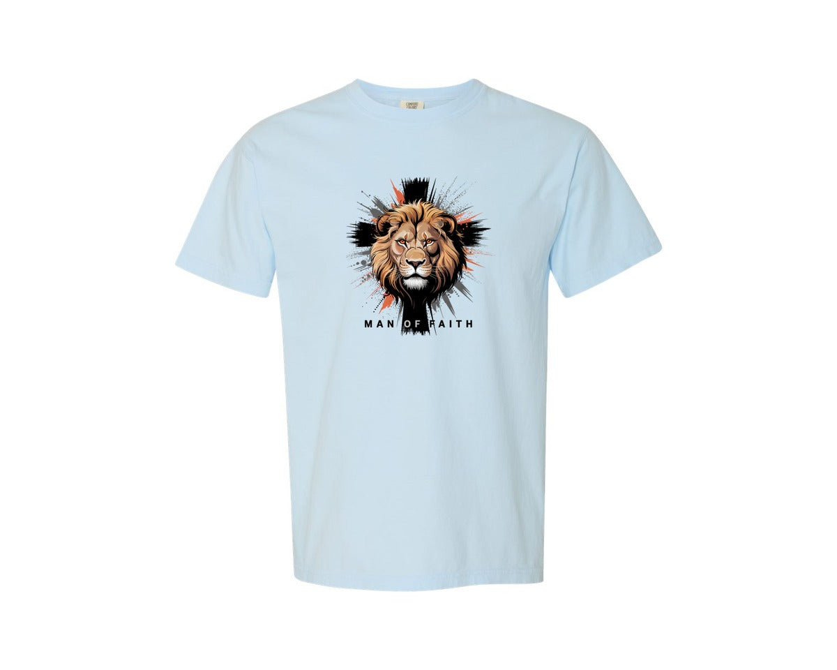 brand:Comfort Colors|color:Chambray|Man Of Faith Lion Cross 3 Graphic T-Shirt