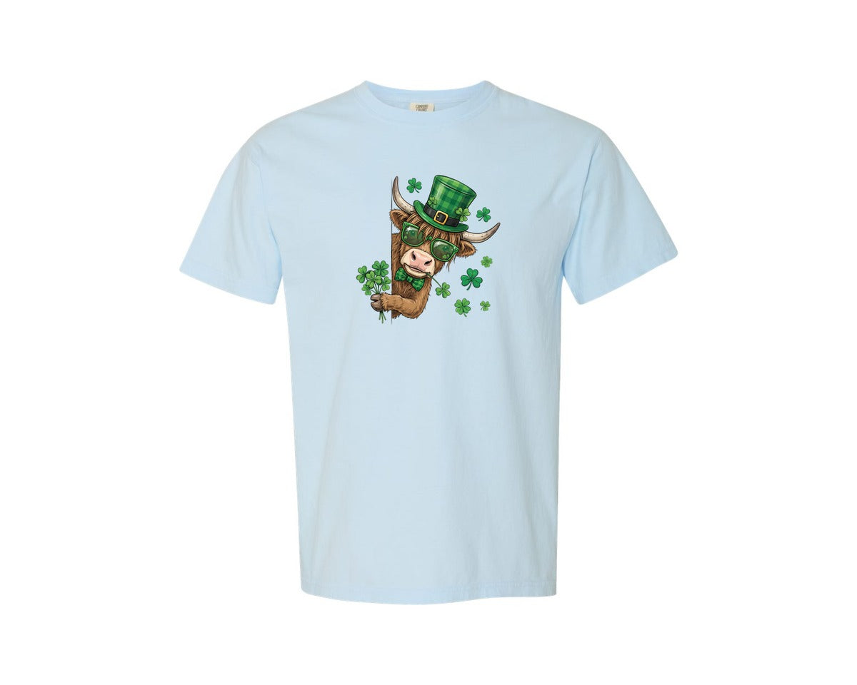 brand:Comfort Colors|color:Chambray|Funny St Patricks Day Highland Cow 3 Graphic T-Shirt