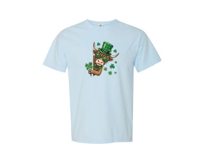 brand:Comfort Colors|color:Chambray|Funny St Patricks Day Highland Cow 3 Graphic T-Shirt